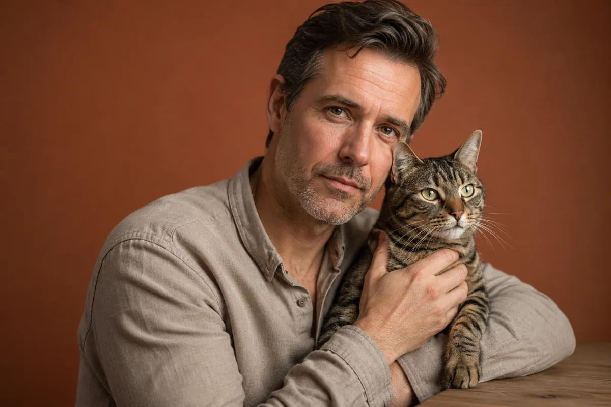 A man holding his tabby cat close against a warm terracotta background