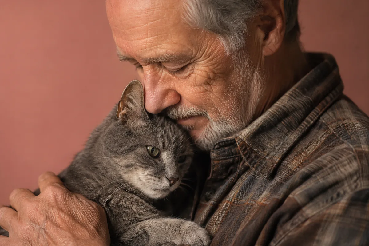 An older man with his eyes closed, holding a grey tabby cat close to his face