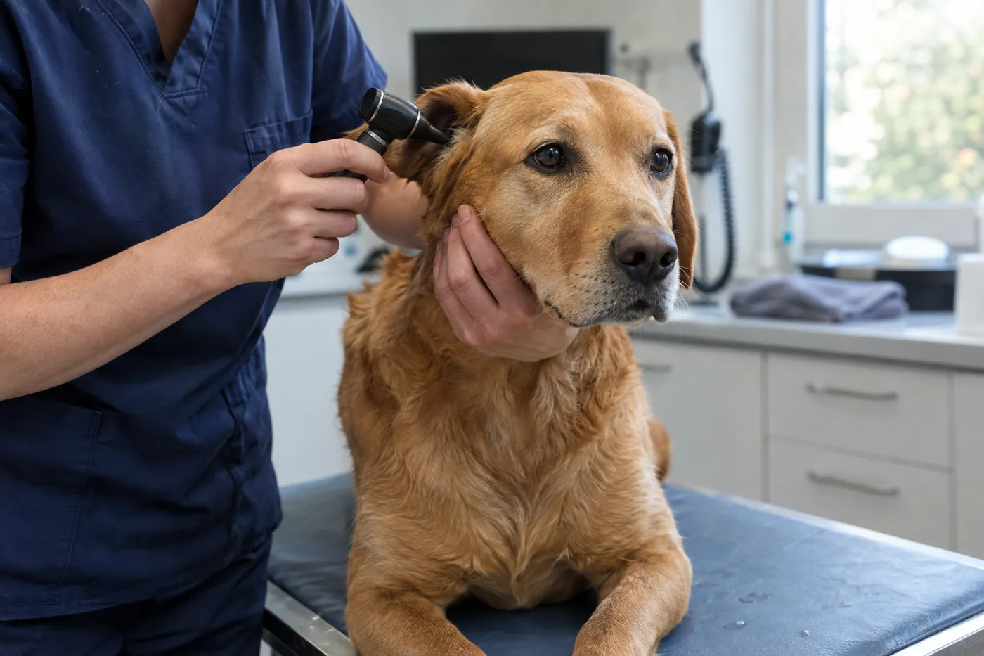 A smiling woman hugging her golden retriever