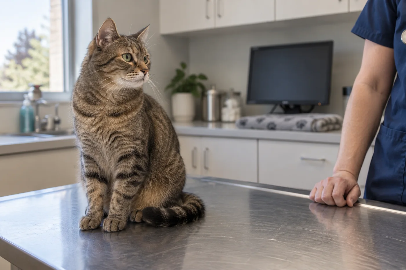 A calm tabby cat on the exam table beside a veterinarian at Promontory Animal Hospital in Chilliwack, before a pet x-ray or ultrasound