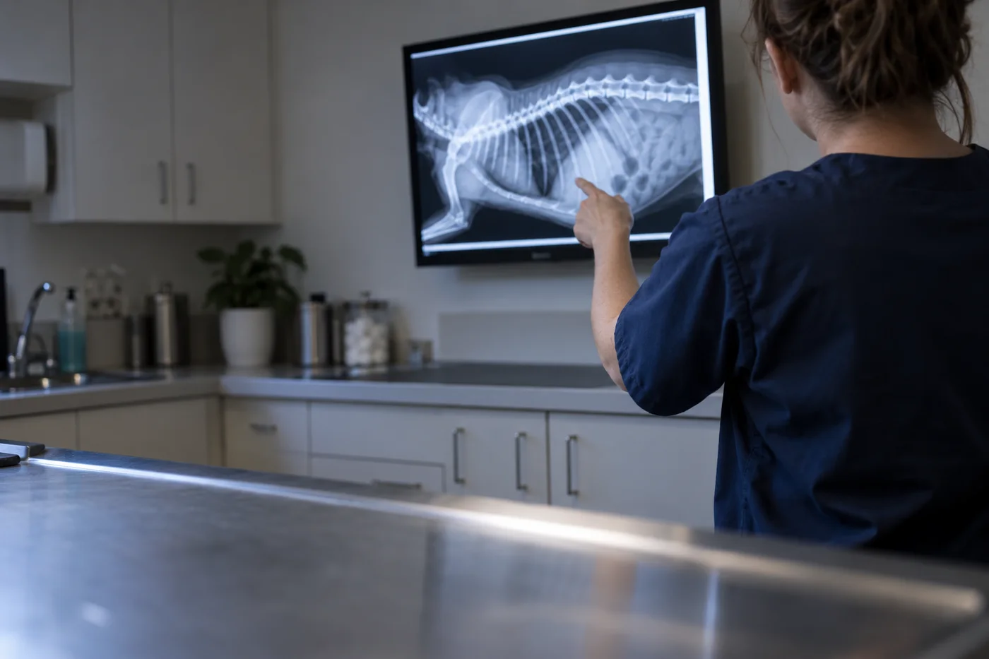 A veterinarian reading a dog X-ray on screen at Promontory Animal Hospital in Chilliwack