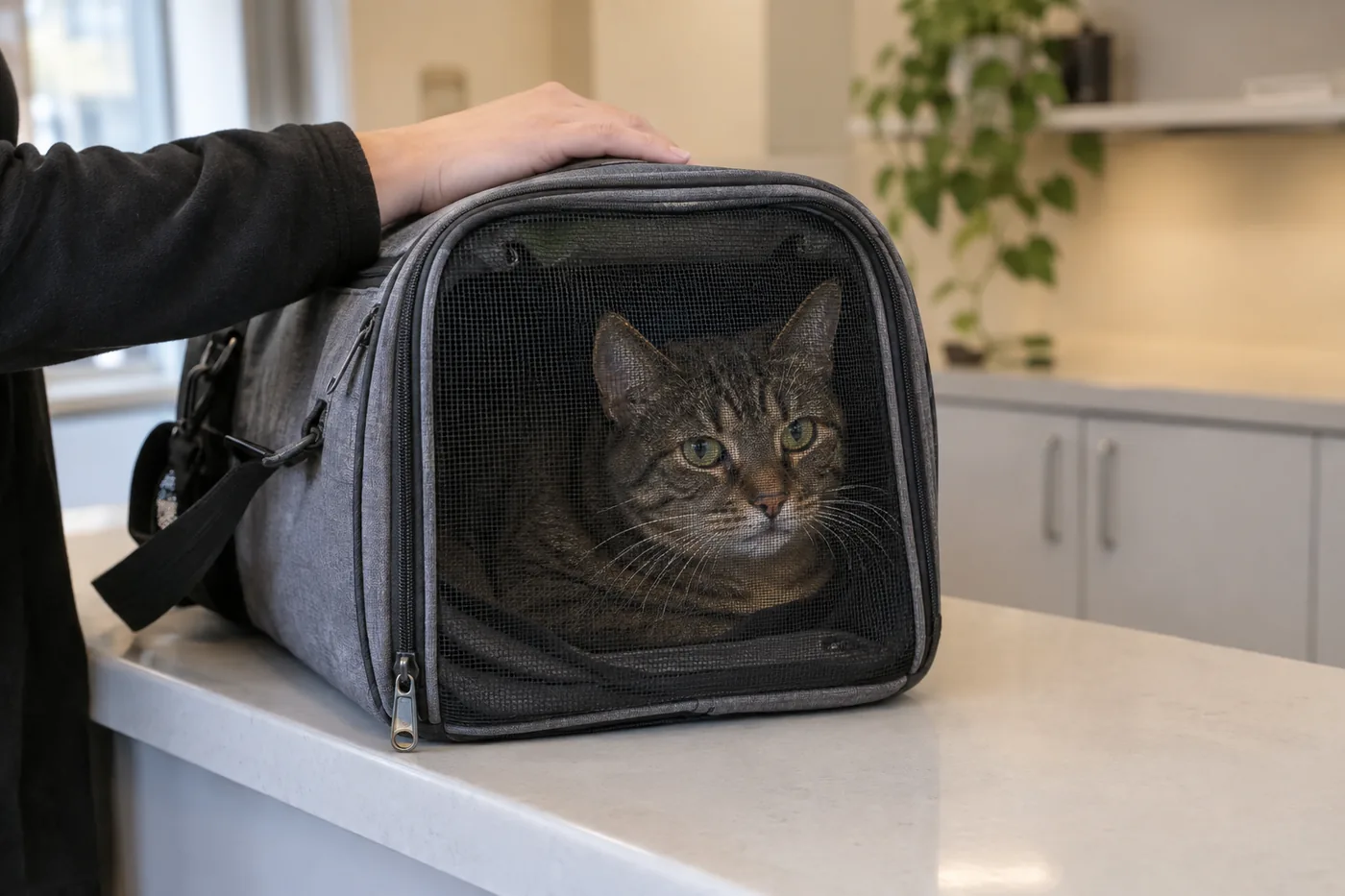 A cat waiting in its carrier at the front desk of Promontory Animal Hospital in Chilliwack