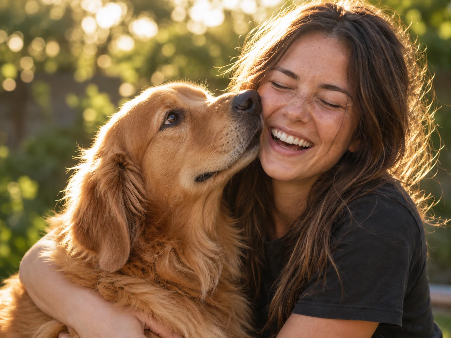 A healthy golden retriever nuzzling its owner's cheek as she laughs in the evening sun — companion animal care from a veterinarian in Chilliwack