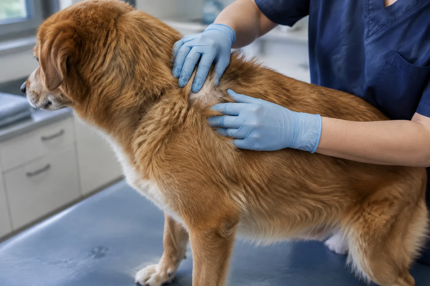 A veterinarian parting a dog's coat along the shoulder to check the skin for fleas and ticks at Promontory Animal Hospital in Chilliwack