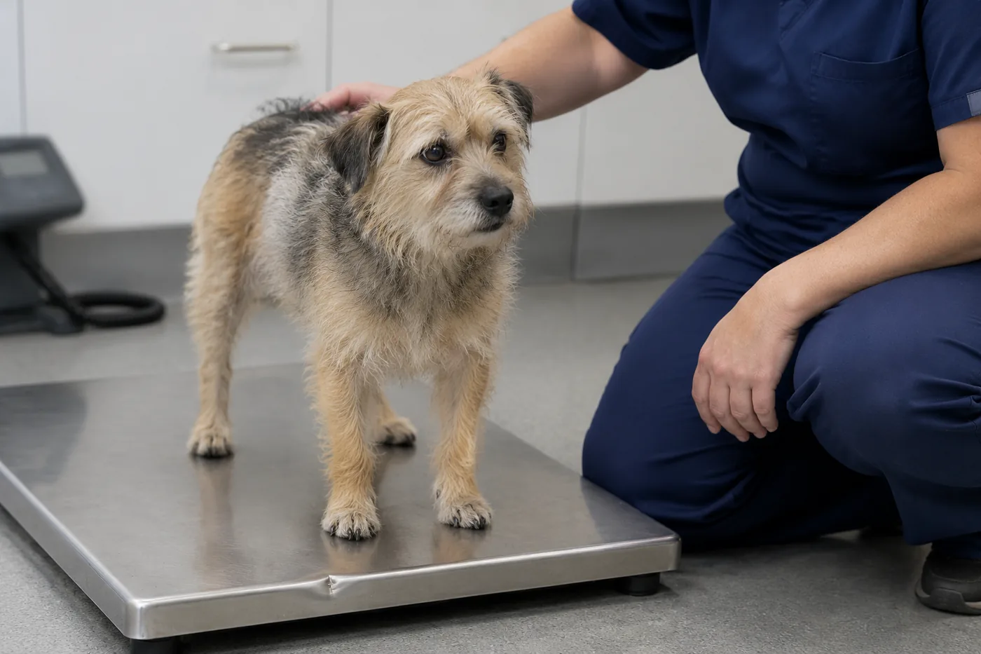 A small dog standing calmly on a veterinary floor scale while a veterinarian steadies it at Promontory Animal Hospital in Chilliwack