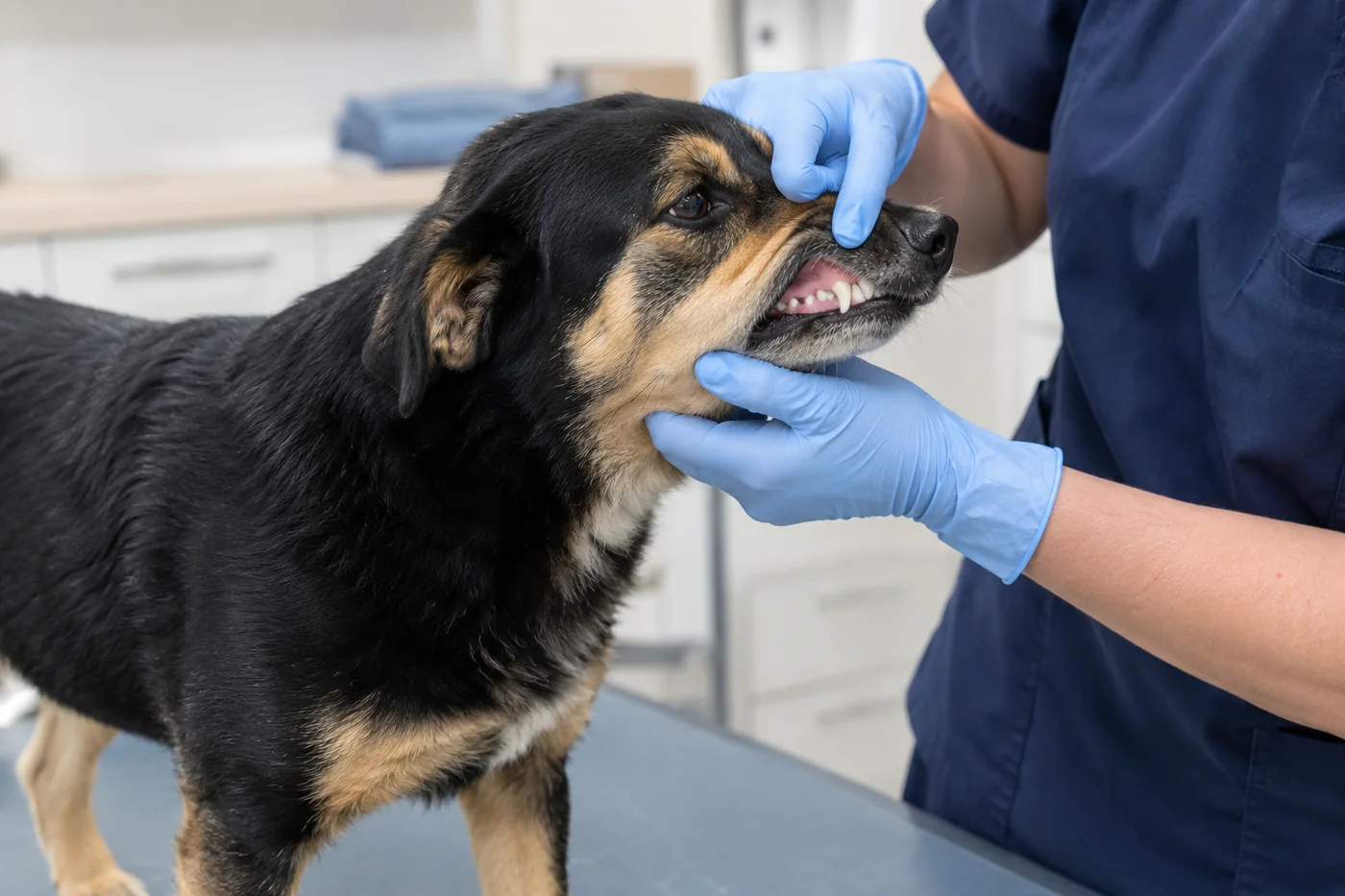 A veterinarian in gloves lifting a dog's lip to check the teeth and gumline during a dental exam