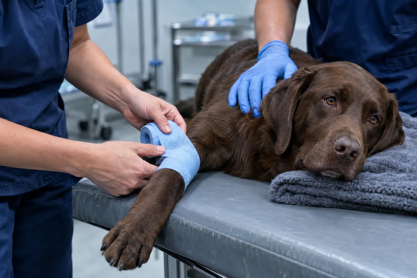 Two veterinary team members bandaging a chocolate Labrador's front leg as it rests on a treatment table
