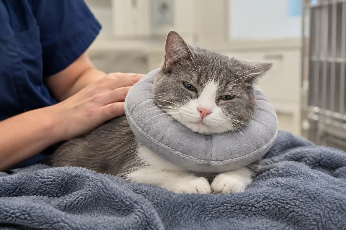 A grey-and-white cat resting on a fleece blanket in a soft padded recovery collar, a veterinarian&apos;s hand on its shoulder