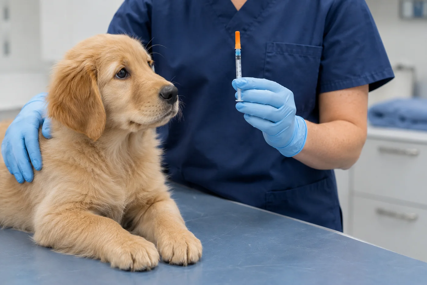 A veterinarian holding a capped vaccine syringe upright while a gloved hand rests on a golden retriever puppy lying calmly on the exam table