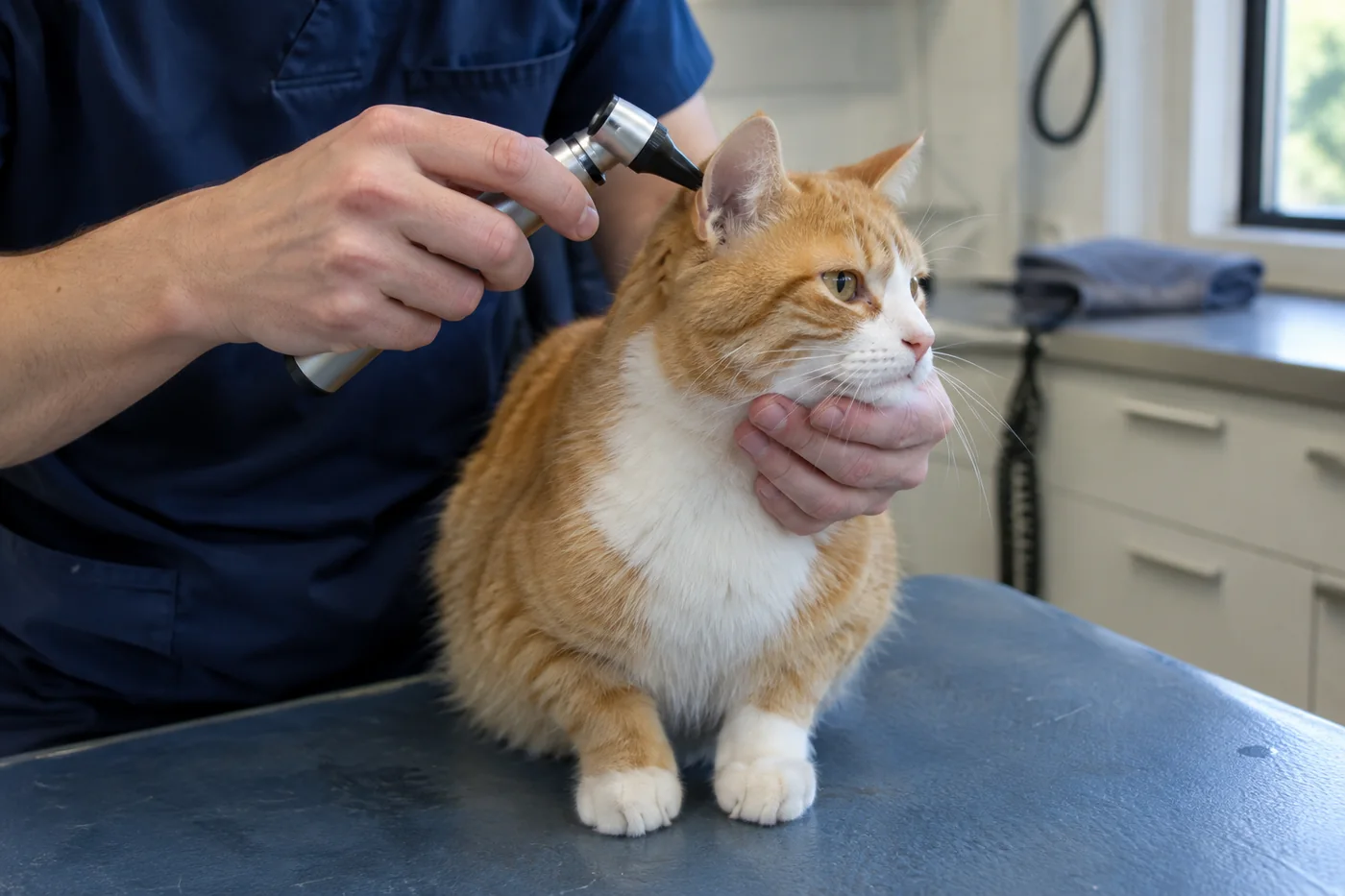 A veterinarian steadying a ginger-and-white cat on the exam table and checking inside its ear with an otoscope