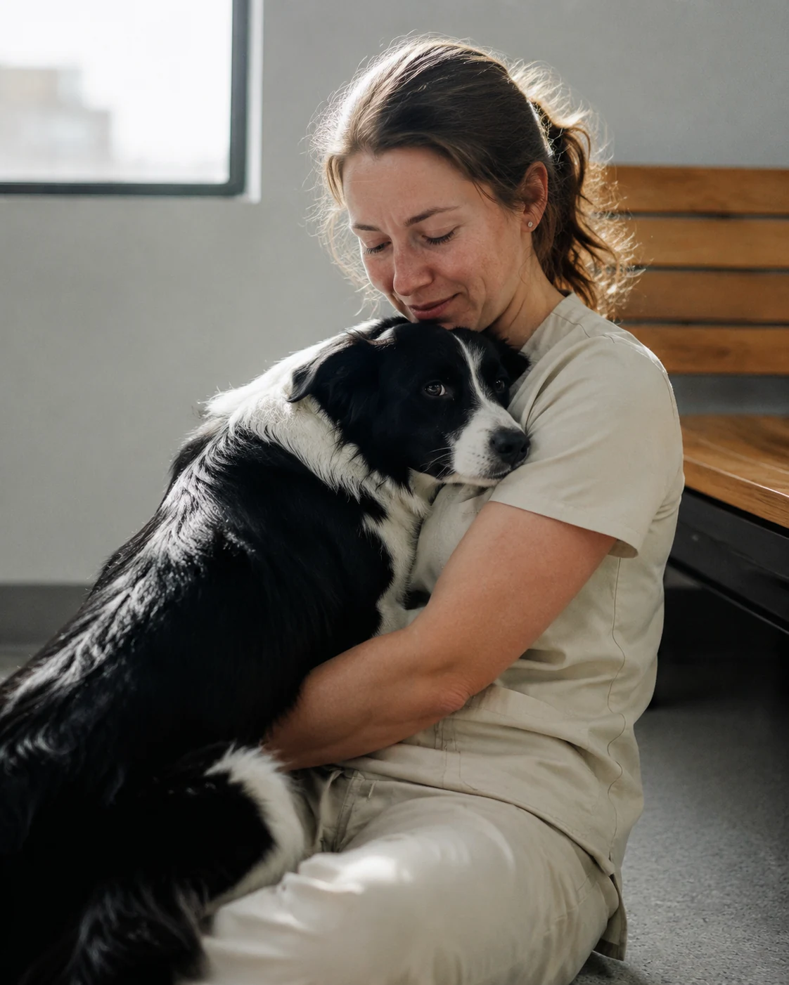 A woman sitting on the floor holding a border collie close
